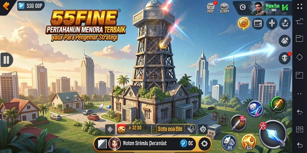 Screenshot gameplay 55FIVE menampilkan pertahanan menara yang dinamis.