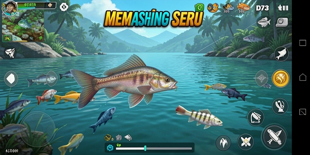 Tampilan gameplay D73 saat memancing di danau yang indah.