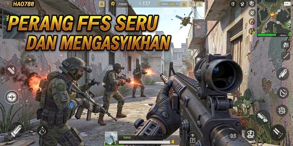Screenshot HAO788 menunjukkan pertarungan FPS intens dengan grafis menawan.