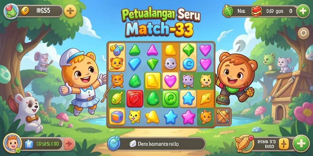 Tampilan gameplay <strong>INS55</strong> yang menarik dan penuh warna dalam level Match-3.