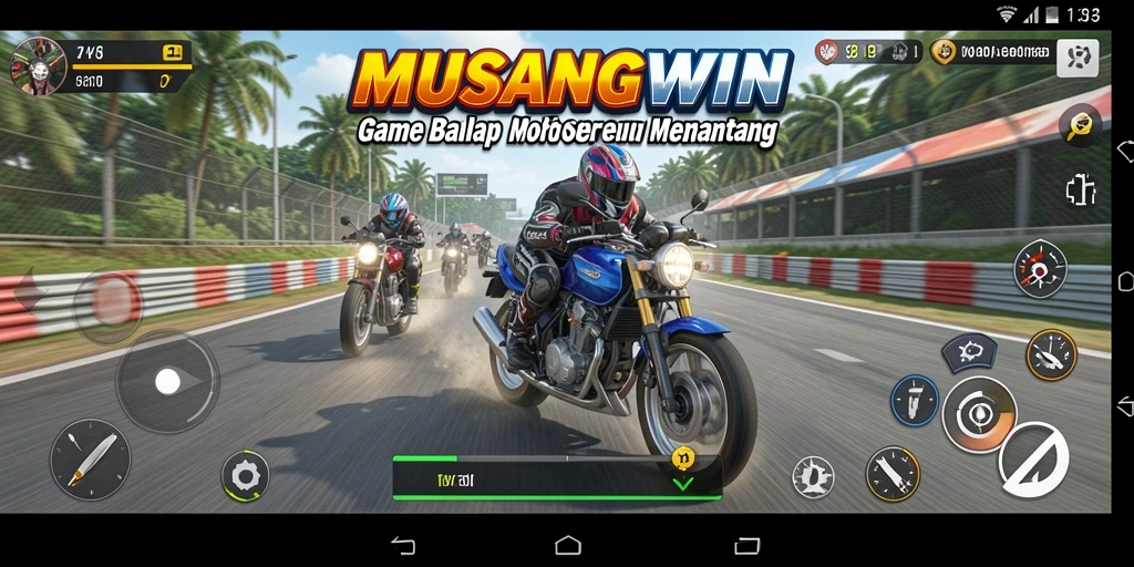 Tampilan gameplay yang mendebarkan dari MUSANGWIN dalam balapan motor.