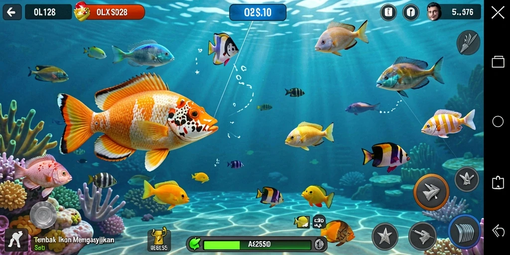 Screenshot OLX128 menampilkan aksi seru dalam permainan tembak ikan.