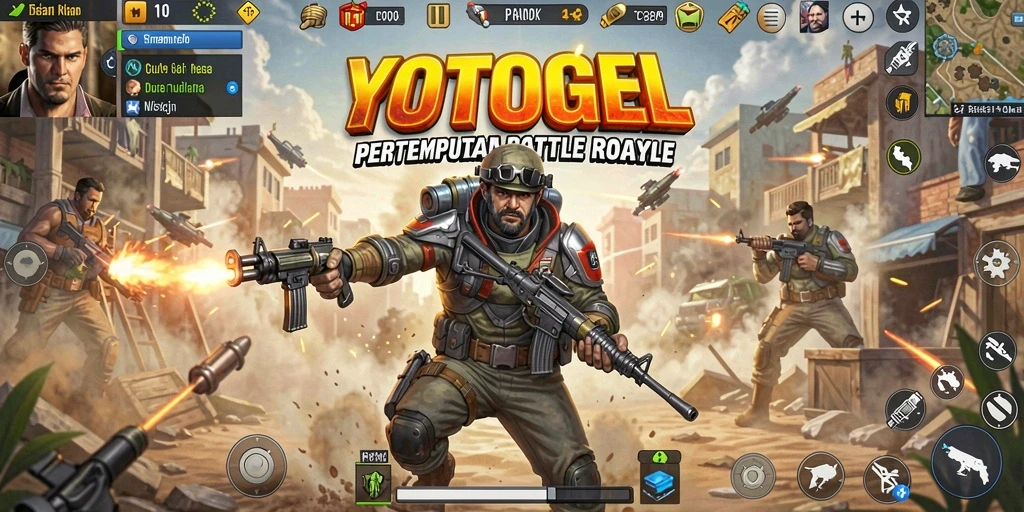 Gameplay YOTOGEL menampilkan aksi pertarungan seru di arena Battle Royale.